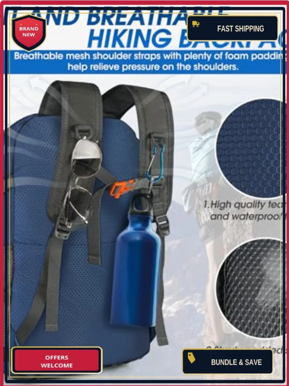 Packable Hiking Backpack 40L Lightweight Waterproof Nylon Daypack Camping